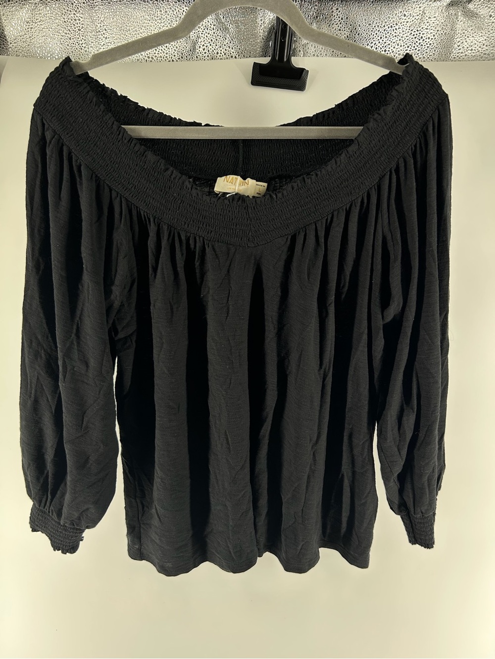 NATION Off-Shoulder Black Women’s Top - Lightweight Peasant Blouse